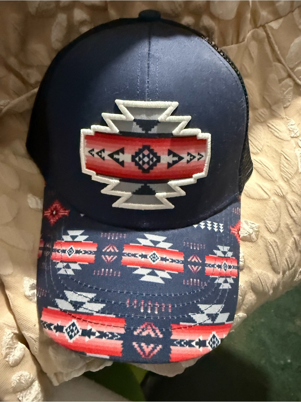 Source Unknown Navy Trucker Hat with Red Aztec Patch